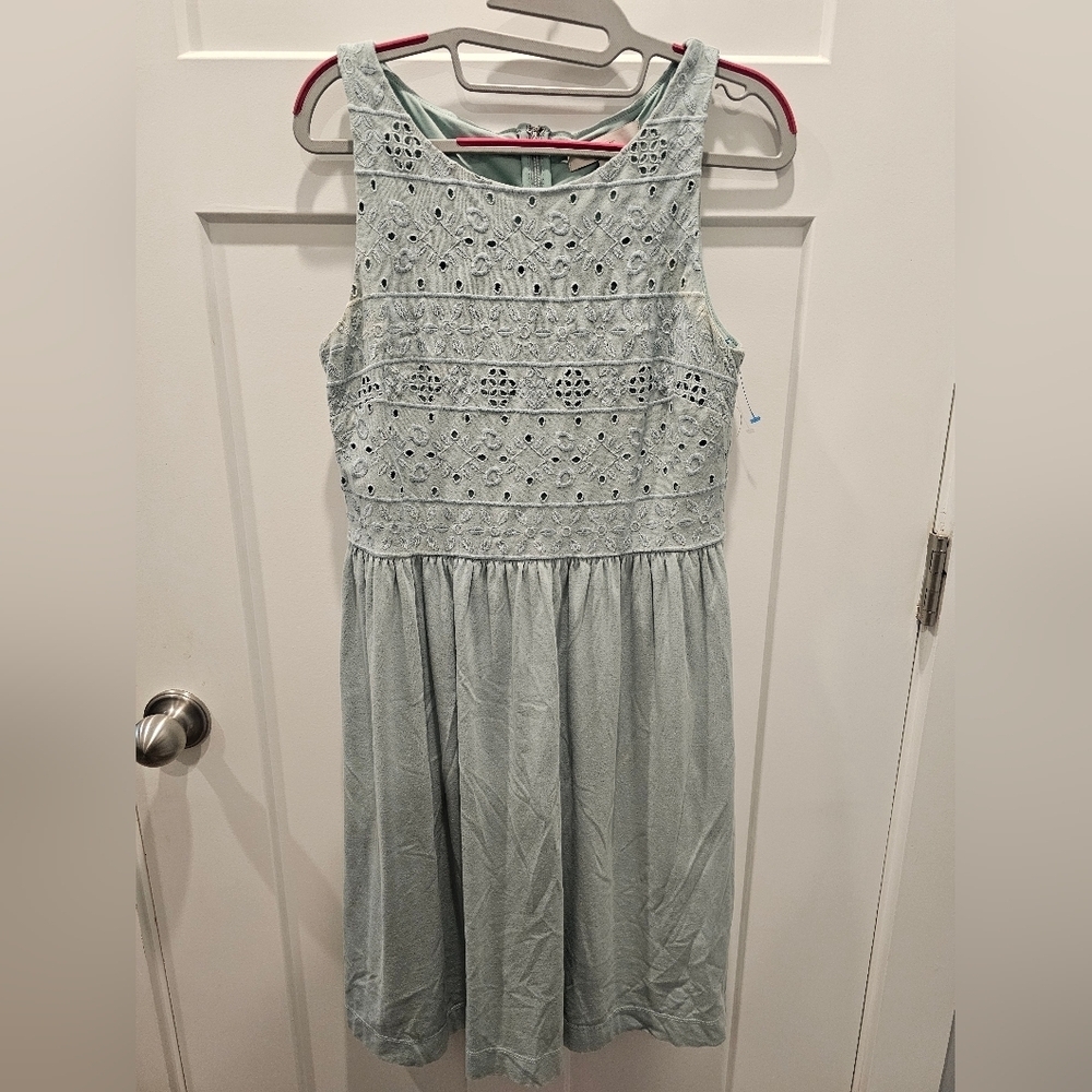 LOFT Sleeveless Eyelet Embroidered Dress Light Aqua Green Women’s Size 8